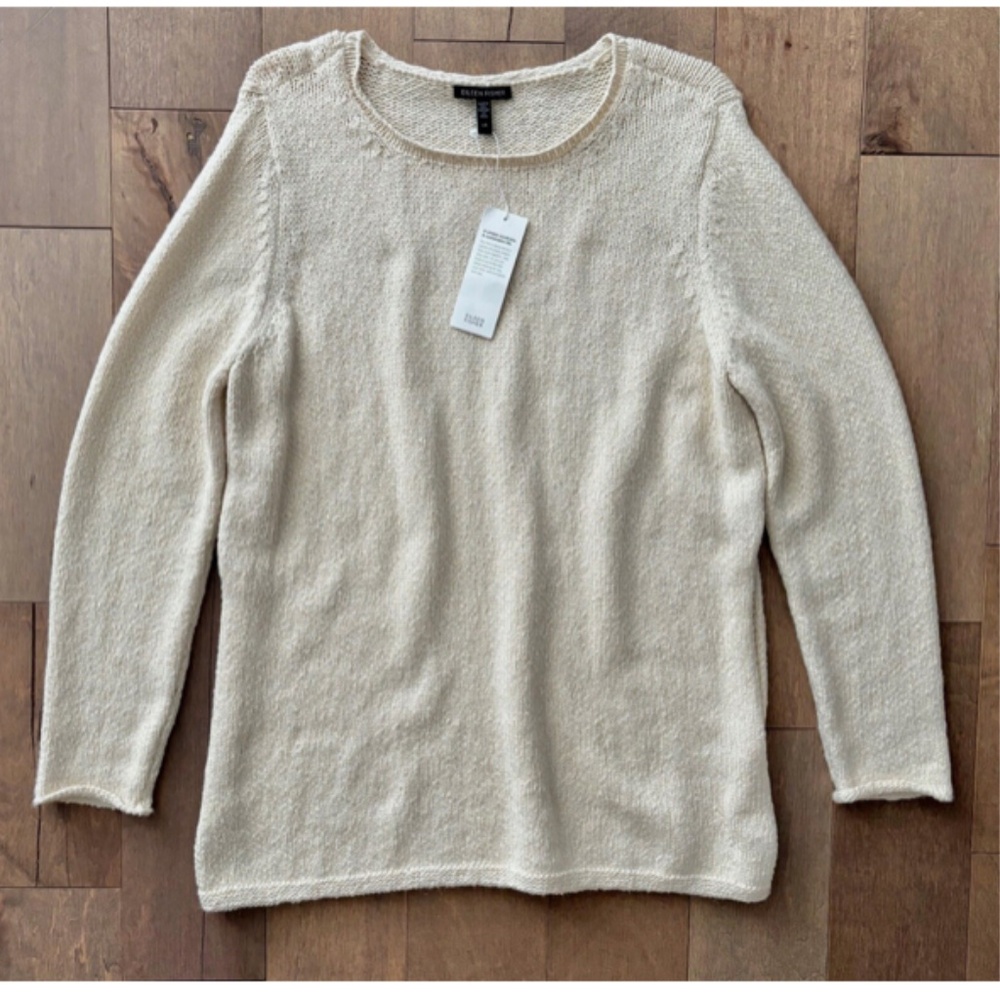 Eileen Fisher Ballet Neck Knit Pullover Sweater Alpaca Blend Soft Off White L